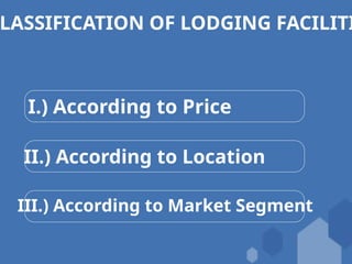 LASSIFICATION OF LODGING FACILITI
I.) According to Price
II.) According to Location
III.) According to Market Segment
 