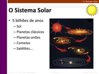 O Sistema Solar




O Sistema Solar
• 5 bilhões de anos
      – Sol
      – Planetas clássicos
      – Planetas-anões
      – Cometas
      – Satélites...




Ciências – 6º ano Ens. Fundamental   1º Bimestre   Profa. Rebeca Vale
 