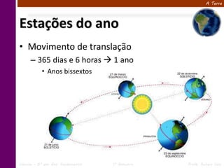A Terra




Estações do ano
• Movimento de translação
      – 365 dias e 6 horas  1 ano
            • Anos bissextos




Ciências – 6º ano Ens. Fundamental   1º Bimestre   Profa. Rebeca Vale
 
