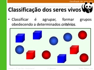 Classificação dos seres vivos




Classificação dos seres vivos
• Classificar é agrupar, formar grupos
  obedecendo a determinados critérios.




Ciências – 7º ano Ens. Fundamental   1º Bimestre              Profa. Rebeca Vale
 