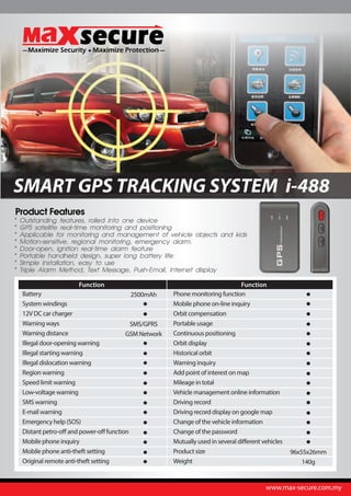 www.max-secure.com.my
Product Features
* Outstanding features, rolled into one device
* GPS satellite real-time monitoring and positioning
* Applicable for monitoring and management of vehicle objects and kids
* Motion-sensitive, regional monitoring, emergency alarm.
* Door-open, ignition real-time alarm feature
* Portable handheld design, super long battery life
* Simple installation, easy to use
* Triple Alarm Method, Text Message, Push-Email, Internet display
Function Function
Battery
System windings
12V DC car charger
Warning ways
Warning distance
Illegal door-opening warning
Illegal starting warning
Illegal dislocation warning
Region warning
Speed limit warning
Low-voltage warning
SMS warning
E-mail warning
Emergency help (SOS)
Distant petro-off and power-off function
Mobile phone inquiry
Mobile phone anti-theft setting
Original remote anti-theft setting
Phone monitoring function
Mobile phone on-line inquiry
Orbit compensation
Portable usage
Continuous positioning
Orbit display
Historical orbit
Warning inquiry
Add point of interest on map
Mileage in total
Vehicle management online information
Driving record
Driving record display on google map
Change of the vehicle information
Change of the password
Mutually used in several different vehicles
Product size
Weight
2500mAh
SMS/GPRS
GSM Network
96x55x26mm
140g
i-488SMART GPS TRACKING SYSTEM
 