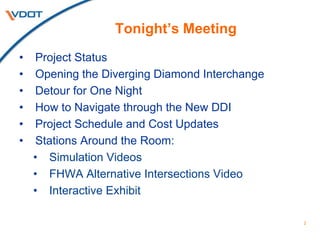 Tonight’s Meeting
• Project Status
• Opening the Diverging Diamond Interchange
• Detour for One Night
• How to Navigate through the New DDI
• Project Schedule and Cost Updates
• Stations Around the Room:
• Simulation Videos
• FHWA Alternative Intersections Video
• Interactive Exhibit
2
 