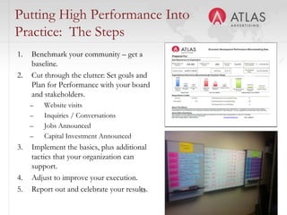 53
Putting High Performance Into
Practice: The Steps
1. Benchmark your community – get a
baseline.
2. Cut through the clutter: Set goals and
Plan for Performance with your board
and stakeholders.
– Website visits
– Inquiries / Conversations
– Jobs Announced
– Capital Investment Announced
3. Implement the basics, plus additional
tactics that your organization can
support.
4. Adjust to improve your execution.
5. Report out and celebrate your results.
 