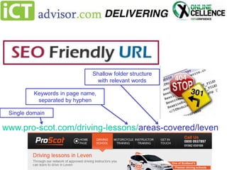 Shallow folder structure
with relevant words
Keywords in page name,
separated by hyphen

Single domain

www.pro-scot.com/driving-lessons/areas-covered/leven

 