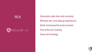 Generate code fast and correctly
Efficient dev and debug experience
Solid and powerful build process
Out of the box testing
Easy exit strategy
ROI
 