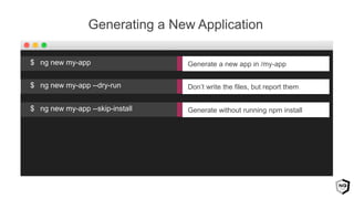 Generating a New Application
Don’t write the files, but report them$ ng new my-app --dry-run
Generate without running npm install$ ng new my-app --skip-install
Generate a new app in /my-app$ ng new my-app
 