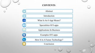 Introduction
What Is An I-App Means?
Specialities Of I-apps
Applications In Business
Examples Of I-apps
How It Is A Future Technology?
Conclusion
Abstract
CONTENTS
 