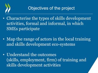 Objectives of the project

• Characterise the types of skills development
  activities, formal and informal, in which
  SM...