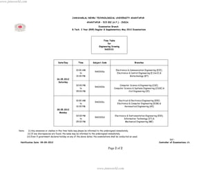 www.jntuworld.com



                                                                  JAWAHARLAL NEHRU TECHNOLOGICAL UNIVERSITY ANANTAPUR

                                                                                 ANANTAPUR – 515 002 (A.P.) – INDIA.

                                                                                          Examination Branch
                                                                  B.Tech. I Year (R09) Regular & Supplementary May 2012 Examinations




                                                                                                  Time Table
                                                                                                      for
                                                                                              Engineering Drawing
                                                                                                   9A03101




                                                    Date/Day            Time           Subject Code                               Branches


                                                                      10:00 AM                                 Electronics & Communication Engineering (ECE),
                                                                                         9A03101a
                                                                          to                                    Electronics & Control Engineering (E.Con.E) &
                                                                      01:00 PM                                               Biotechnology (BT)
                                                  26.05.2012
                                                   Saturday
                                                                      02:00 PM                                    Computer Science & Engineering (CSE),
                                                                                         9A03101b
                                                                         to                                  Computer Science & Systems Engineering (CSSE) &
                                                                      05:00 PM                                            Civil Engineering (CE)



                                                                      10:00 AM                                   Electrical & Electronics Engineering (EEE)
                                                                                         9A03101c
                                                                          to                                    Electronics & Computer Engineering (ECM) &
                                                                      01:00 PM                                         Aeronautical Engineering (AE)
                                                  28.05.2012
                                                    Monday
                                                                      02:00 PM                                Electronics & Instrumentation Engineering (EIE),
                                                                                         9A03101d
                                                                         to                                            Information Technology (IT) &
                                                                      05:00 PM                                          Mechanical Engineering (ME)



           Note:      (i) Any omissions or clashes in this time table may please be informed to the undersigned immediately.
                     (ii) If any discrepancies are found, the same may be informed to the undersigned immediately.
                    (iii) Even if government declares holiday on any of the above dates, the examinations shall be conducted as usual.
                                                                                                                                                                    Sd/-
             Notification Date: 04-04-2012                                                                                                               Controller of Examinations i/c

                                                                                                       Page 2 of 2




                                                                                            www.jntuworld.com
 