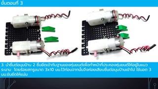 ขั้นตอนที่ 3
3. นำชิ้นต่อมุมป้ำน 2 ชิ้นยึดเข้ำกับฐำนของหุ่นยนต์เพื่อทำหน้ำที่ประคองหุ่นยนต์ให้อยู่ในแนว
ระนำบ โดยร้อยสกรูขนำด 3x10 มม.ไว้ก่อนจำกนั้นจึงค่อยเสียบชิ้นต่อมุมป้ำนเข้ำไป ใช้นอต 3
มม.ขันยึดให้แน่น
 