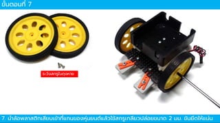 ขั้นตอนที่ 7
7. นำล้อพลำสติกเสียบเข้ำที่แกนของหุ่นยนต์แล้วใช้สกรูเกลียวปล่อยขนำด 2 มม. ขันยึดให้แน่น
ระวังสกรูในถุงหำย
 
