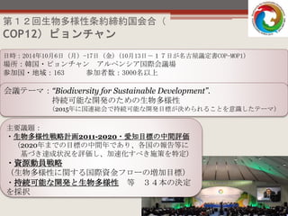 第１２回生物多様性条約締約国会合（
COP12）ピョンチャン
日時：2014年10月6日（月）-17日（金)（10月13日－１７日が名古屋議定書COP-MOP1）
場所：韓国・ピョンチャン アルペンシア国際会議場
参加国・地域：163 参加者数：3000名以上
会議テーマ：“Biodiversity for Sustainable Development”.
持続可能な開発のための生物多様性
（2015年に国連総会で持続可能な開発目標が決められることを意識したテーマ）
主要議題：
・生物多様性戦略計画2011-2020・愛知目標の中間評価
（2020年までの目標の中間年であり、各国の報告等に
基づき達成状況を評価し、加速化すべき施策を特定）
・資源動員戦略
（生物多様性に関する国際資金フローの増加目標）
・持続可能な開発と生物多様性 等 ３４本の決定
を採択
 