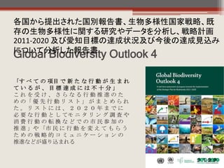 Global Biodiversity Outlook 4
各国から提出された国別報告書、生物多様性国家戦略、既
存の生物多様性に関する研究やデータを分析し、戦略計画
2011-2020 及び愛知目標の達成状況及び今後の達成見込み
について分析した報告書
「す べ て の 項目 で 新 た な 行 動 が 生 ま れ
て い る が 、 目 標 達 成 に は 不 十 分 」
こ れ を 受 け 、 さ ら な る 行 動 推 進 の た
め の「 優 先 行 動 リ ス ト 」 が ま と め ら れ
た 。 リ ス ト に は 、 ２ ０ ２ ０ 年 ま で に
必 要 な 行 動 と し てモ ニ タ リ ン グ 調 査 や
消 費 行 動 の 転 換 な ど で の 市 民 参 加 の
推 進 」や 「市 民 に 行 動 を 変 え て も ら う
た め の 戦 略 的 コ ミ ュ ニ ケ ー シ ョ ン の
推進などが盛り込まれる
 