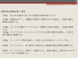 持続可能な開発目標 17項目
目標1．あらゆる場所のあらゆる形態の貧困を終了する
目標2．飢餓を終了し、食糧安全保障と栄養の向上を達成し、持続可能な
農業を促進する。
目標3．すべての年齢のすべての人に、健康な生活を保障し、幸福を推進
する。
目標4．すべての人にインクルーシブで公正な質の教育を保障し、生涯学
習の機会を推進する。
目標5．ジェンダー平等を達成し、女性と女子全員をエンパワーする。
目標6．すべての人に、水と衛生の利用および持続可能な管理を保障する。
目標7．すべての人に、手頃で、信頼できる、持続可能な、現代的エネルギ
ーへのアクセスを保障する。
 