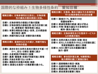 国際的な枠組み１生物多様性条約 愛知目標
目標１：生物多様性の価値と行動の認識
目標２：生物多様性の価値を国・地方の計画に統
合、国家勘定・報告制度に組込
目標３：有害な補助金の廃止・改革、正の奨励措
置の策定・適用
目標４：持続可能な生産・消費計画の実施
目標５：森林を含む自然生息地の損失を半減→ゼ
ロへ、劣化・分断を 顕著に減少
目標６：水産資源が持続的に漁獲
目標７：農業・養殖業・林業が持続可能に管理
目標８：汚染を有害でない水準へ
目標９：侵略的外来種の制御・根絶
目標10：脆弱な生態系への悪影響の最小化。
目標11：陸域の17%、海域の10%を
保護地域等へ
目標12：絶滅危惧種の絶滅・減少が防止
目標13：作物・家畜の遺伝子の多様性の
維持・損失の最小化
目標14：自然の恵みの提供・回復・保全
目標15：劣化した生態系の15%以上の回復を通じ
気候変動緩和・適応に貢献
目標16：ABSに関する名古屋議定書の
施行・運用
目標17：国家戦略の策定・実施
目標18：伝統的知識の尊重・主流化
目標19：関連知識・科学技術の改善
目標20：資金資源を顕著に増加
戦略目標Ａ．生物多様性を主流化し、生物多様
性の損失の根本原因に対処。
戦略目標Ｂ．直接的な圧力の減少、持続可能な
利用の促進
戦略目標Ｃ．生態系、種及び遺伝子の多様性を
守り生物多様性の状況を改善
戦略目標Ｄ．生物多様性及び生態系サービスか
らの恩恵の強化
戦略目標Ｅ．参加型計画立案、知識管理と
能力開発を通じて実施を強化
 