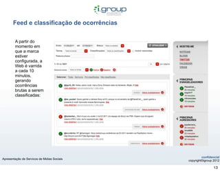 Feed e classificação de ocorrências

        A partir do
        momento em
        que a marca
        estiver
        configurada, a
        Web é varrida
        a cada 10
        minutos,
        gerando
        ocorrências
        brutas a serem
        classificadas:




                                                      confidencial
Apresentação de Servicos de Midias Sociais
                                             copyright©igroup 2012

                                                              13
 