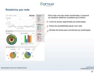 Relatórios por rede

                                             Para cada uma das redes monitoradas, é possível
                                             se visualizar relatórios completos que incluem:

                                             • Linha do tempo segmentada por polarização
                                             • Índice de saudabilidade geral e por rede
                                             • Divisão de temas para ocorrências por polarização




                                                                                              confidencial
Apresentação de Servicos de Midias Sociais
                                                                                     copyright©igroup 2012

                                                                                                      22
 