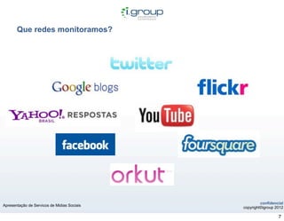 Que redes monitoramos?




                                                      confidencial
Apresentação de Servicos de Midias Sociais
                                             copyright©igroup 2012

                                                               7
 