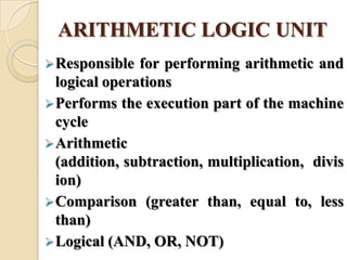 ARITHMETIC LOGIC UNIT
Responsible for performing arithmetic and
logical operations
Performs the execution part of the machine
cycle
Arithmetic
(addition, subtraction, multiplication, divis
ion)
Comparison (greater than, equal to, less
than)
Logical (AND, OR, NOT)
 