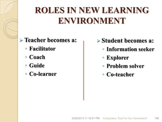 ROLES IN NEW LEARNING
ENVIRONMENT
 Teacher becomes a:
◦ Facilitator
◦ Coach
◦ Guide
◦ Co-learner
 Student becomes a:
◦ Information seeker
◦ Explorer
◦ Problem solver
◦ Co-teacher
6/28/2013 11:16:01 PM Computers; Tool For Our Generation! 196
 