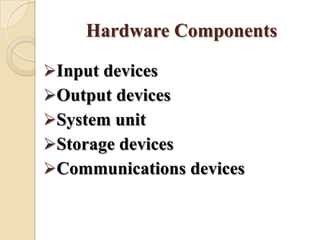 Hardware Components
Input devices
Output devices
System unit
Storage devices
Communications devices
 