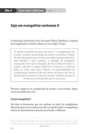 Dia:
Como fazer a diferença
“Mas o Auxiliador, o Espírito Santo, que o Pai vai enviar em meu nome, ensinará
a vocês todas as coisas e fará com que lembrem de tudo o que eu disse a vocês.”
João 14.26
236
D
i
a
1
Dia 4
Seja um evangelista contumaz II
A declaração doutrinária da Convenção Batista Brasileira a respeito
de evangelização e missões afirma em seu artigo 13 que:
“A missão primordial do povo de Deus é a evangelização do
mundo, visando à reconciliação do homem com Deus. É dever
de todo discípulo de Jesus Cristo e de todas as igrejas proclamar,
pelo exemplo e pelas palavras, a realidade do evangelho,
procurando fazer novos discípulos de Jesus Cristo em todas as
nações, cabendo às igrejas batizá-los e ensiná-los a observar
todas as coisas que Jesus ordenou. A responsabilidade da
evangelização estende-se até aos confins da terra e por isso as
igrejas devem promover a obra de missões, rogando sempre ao
Senhor que envie obreiros para a sua seara”.
Portanto, engajar-se na evangelização de pessoas é nossa missão. Agora,
como você pode fazer isso?
Como evangelizar?
São duas as ferramentas que nos auxiliam na tarefa da evangelização.
Queremosquevocêasconheçanestedia:aescaladeEngeleaevangelização
através de relacionamentos pessoais de amizade e influência.
 