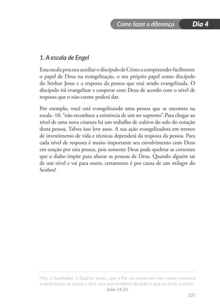 Como fazer a diferença
“Mas o Auxiliador, o Espírito Santo, que o Pai vai enviar em meu nome, ensinará
a vocês todas as coisas e fará com que lembrem de tudo o que eu disse a vocês.”
João 14.26
237
Dia 4
1. A escala de Engel
EssaescalaprocuraauxiliarodiscípulodeCristoacompreenderfacilmente
o papel de Deus na evangelização, o seu próprio papel como discípulo
do Senhor Jesus e a resposta da pessoa que está sendo evangelizada. O
discípulo irá evangelizar e cooperar com Deus de acordo com o nível de
resposta que o não-crente poderá dar.
Por exemplo, você está evangelizando uma pessoa que se encontra na
escala -10, “não reconhece a existência de um ser supremo”.Para chegar ao
nível de uma nova criatura há um trabalho de cultivo do solo do coração
desta pessoa. Talvez isso leve anos. A sua ação evangelizadora em termos
de investimento de vida e técnicas dependerá da resposta da pessoa. Para
cada nível de resposta é muito importante seu envolvimento com Deus
em oração por esta pessoa, pois somente Deus pode quebrar as correntes
que o diabo impõe para afastar as pessoas de Deus. Quando alguém sai
de um nível e vai para outro, certamente é por causa de um milagre do
Senhor!
 