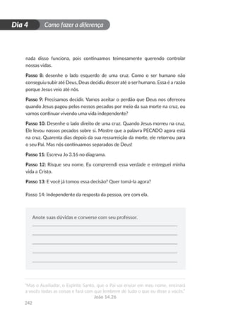 Como fazer a diferença
“Mas o Auxiliador, o Espírito Santo, que o Pai vai enviar em meu nome, ensinará
a vocês todas as coisas e fará com que lembrem de tudo o que eu disse a vocês.”
João 14.26
242
D
i
a
1
Dia 4
nada disso funciona, pois continuamos teimosamente querendo controlar
nossas vidas.
Passo 8: desenhe o lado esquerdo de uma cruz. Como o ser humano não
conseguiu subir até Deus, Deus decidiu descer até o ser humano. Essa é a razão
porque Jesus veio até nós.
Passo 9: Precisamos decidir. Vamos aceitar o perdão que Deus nos ofereceu
quando Jesus pagou pelos nossos pecados por meio da sua morte na cruz, ou
vamos continuar vivendo uma vida independente?
Passo 10: Desenhe o lado direito de uma cruz. Quando Jesus morreu na cruz,
Ele levou nossos pecados sobre si. Mostre que a palavra PECADO agora está
na cruz. Quarenta dias depois da sua ressurreição da morte, ele retornou para
o seu Pai. Mas nós continuamos separados de Deus!
Passo 11: Escreva Jo 3.16 no diagrama.
Passo 12: Risque seu nome. Eu compreendi essa verdade e entreguei minha
vida a Cristo.
Passo 13: E você já tomou essa decisão? Quer tomá-la agora?
Passo 14: Independente da resposta da pessoa, ore com ela.
Anote suas dúvidas e converse com seu professor.
 