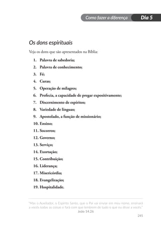 Como fazer a diferença
“Mas o Auxiliador, o Espírito Santo, que o Pai vai enviar em meu nome, ensinará
a vocês todas as coisas e fará com que lembrem de tudo o que eu disse a vocês.”
João 14.26
245
Dia 5
Os dons espirituais
Veja os dons que são apresentados na Bíblia:
1.	 Palavra de sabedoria;
2.	 Palavra de conhecimento;
3.	 Fé;
4.	 Curas;
5.	 Operação de milagres;
6.	 Profecia, a capacidade de pregar expositivamente;
7.	 Discernimento de espíritos;
8.	 Variedade de línguas;
9.	 Apostolado, a função de missionário;
10.	Ensino;
11.	Socorros;
12.	Governo;
13.	Serviço;
14.	Exortação;
15.	Contribuição;
16.	Liderança;
17.	Misericórdia;
18.	Evangelização;
19.	Hospitalidade.
 
