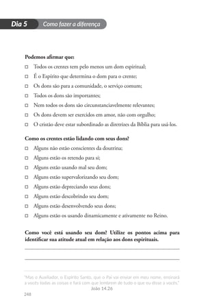 Como fazer a diferença
“Mas o Auxiliador, o Espírito Santo, que o Pai vai enviar em meu nome, ensinará
a vocês todas as coisas e fará com que lembrem de tudo o que eu disse a vocês.”
João 14.26
248
D
i
a
1
Dia 5
Podemos afirmar que:
□
□ Todos os crentes tem pelo menos um dom espiritual;
□
□ É o Espírito que determina o dom para o crente;
□
□ Os dons são para a comunidade, o serviço comum;
□
□ Todos os dons são importantes;
□
□ Nem todos os dons são circunstanciavelmente relevantes;
□
□ Os dons devem ser exercidos em amor, não com orgulho;
□
□ O cristão deve estar subordinado as diretrizes da Bíblia para usá-los.
Como os crentes estão lidando com seus dons?
□
□ Alguns não estão conscientes da doutrina;
□
□ Alguns estão os retendo para si;
□
□ Alguns estão usando mal seu dom;
□
□ Alguns estão supervalorizando seu dom;
□
□ Alguns estão depreciando seus dons;
□
□ Alguns estão descobrindo seu dom;
□
□ Alguns estão desenvolvendo seus dons;
□
□ Alguns estão os usando dinamicamente e ativamente no Reino.
Como você está usando seu dom? Utilize os pontos acima para
identificar sua atitude atual em relação aos dons espirituais.
 