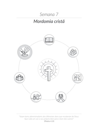 Mordomia cristã
Semana 7
“Sejam bons administradores dos diferentes dons que receberam de Deus.
Que cada um use o seu próprio dom para o bem dos outros!”
1Pedro 4.10
 