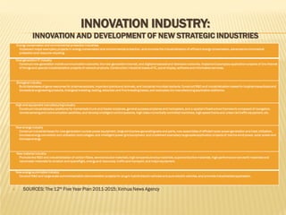 INNOVATION INDUSTRY:

INNOVATION AND DEVELOPMENT OF NEW STRATEGIC INDUSTRIES
Energy conservation and environmental protection industries
Implement major exemplary projects in energy conservation and environmental protection, and promote the industrialization of efficient energy conservation, advanced environmental
protection and resource recycling.
New-generation IT industry
Construct new-generation mobile communication networks, the new-generation Internet, and digital broadcast and television networks. Implement exemplary application projects of the Internet
of things and special industrialization projects of network products. Construction industrial bases of IC, panel display, software and information services.

Biological industry
Build databases of gene resources for pharmaceuticals, important plants and animals, and industrial microbial bacteria. Construct R&D and industrialization bases for biopharmaceuticals and
biomedical engineering products, biological breeding, testing, detection and fine breeding bases, and exemplary bio-manufacturing application platforms.

High-end equipment manufacturing industry
Construct industrialization platforms for homemade trunk and feeder airplanes, general-purpose airplanes and helicopters, and a spatial infrastructure framework composed of navigation,
remote sensing and communication satellites, and develop intelligent control systems, high-class numerically controlled machines, high-speed trains and urban rail traffic equipment, etc.

New energy industry
Construct industrial bases for new-generation nuclear power equipment, large wind power generating sets and parts, new assemblies of efficient solar power generation and heat utilization,
biomass energy conversion and utilization technologies, and intelligent power grid equipment, and implement exemplary large-scale application projects of marine wind power, solar power and
biomass energy.

New material industry
Promote the R&D and industrialization of carbon fibers, semiconductor materials, high temperature alloy materials, superconductive materials, high-performance rare earth materials and
nanometer materials for aviation and spaceflight, energy and resources, traffic and transport, and major equipment.
New-energy automobile industry
Conduct R&D and large-scale commercialization demonstration projects for plug-in hybrid electric vehicles and pure electric vehicles, and promote industrialized application.



SOURCES: The 12th Five Year Plan 2011-2015; Xinhua News Agency

 
