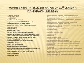 Azamat Abdoullaev

Smart China 2014-2024 All Rights Reserved

EIS Encyclopedic Intelligent Systems ltd

FUTURE CHINA - INTELLIGENT NATION OF 21ST CENTURY:
PROJECTS AND PROGRAMS























i-NATION PLATFORM
i-GOVERNMENT



Smart Land and Environment
Integrated Sustainable INFRASTRUCTURE (Land,
Transportation, Energy, ICT, Water, Waste)
National Fiber Network (with FTTH/B full penetration)
Sustainable Roads
GREEN ECONOMY
INNOVATION INDUSTRY
ECO, HEALTH, WELLNESS, AND SMART TOURISM
INNOVATION ECO-CORRIDORS: KNOWLEDGE PARKS, SCIENCE
& TECHNOLOGY PARKS, AGRICULTURE PARKS, ECO FARMS,
AIRPORT CITY PARKS, HARBOR DEVELOPMENT PARKS,
SERVER FARMS, ENERGY PARKS
SMART AIRPORT CITIES AND SPACE TOURISTRY
ECO REGIONS (Districts)
SMART CITIES (Municipalities)
GREEN COMMUNITIES (Eco Villages)
SMART YOUTH (maximum employment and minimum NEETs,
not in education, employment or training)
SMART EDUCATION, HEALTH, JOB, AND BUSINESS
SMART ENVIRONMENT
KNOWLEDGE LAND





1.
2.
3.
4.
5.
6.
7.
8.







National Program of Intelligent Sustainable Infrastructure
(Telecommunications, Energy, Transportation, Water, Waste,
Construction, Environment)
National Program of Innovative ICT and Broadband Knowledge
Economy
National Program of Smart Eco Territories (communities,
villages, towns, cities, districts, and country)
National Program of Science, Research and Innovation (Strategy
for Research and Innovation)
National Program of Knowledge Industry
knowledge clusters,
university research parks,
science and technology parks,
healthcare parks,
technopolises,
business innovation parks,
industrial clusters, organic agro-clusters,
Smart villages, open economic zones, etc.
National Program of Smart Social Infrastructure (Governance ,
Economy, Society, institutions, data, policies, laws, regulations
and standards)
National Program of Smart Government Agencies and State
Corporations
National Program of Smart Industry, Corporations and Intelligent
Business Management
National Program of Smart Lifestyle, Creativity and Knowledge
and Persistent Learning
National Programs of the Smart Health System and Sustainable
Social Insurance System

 