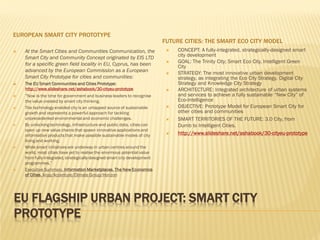 EUROPEAN SMART CITY PROTOTYPE













At the Smart Cities and Communities Communication, the
Smart City and Community Concept originated by EIS LTD
for a specific green field locality in EU, Cyprus, has been
advanced by the European Commission as a European
Smart City Prototype for cities and communities:
The EU Smart Communities and Cities Prototype:
http://www.slideshare.net/ashabook/30-cityeu-prototype

FUTURE CITIES: THE SMART ECO CITY MODEL






“Now is the time for government and business leaders to recognise

the value created by smart city thinking.
The technology-enabled city is an untapped source of sustainable
growth and represents a powerful approach for tackling
unprecedented environmental and economic challenges.
By unlocking technology, infrastructure and public data, cities can
open up new value chains that spawn innovative applications and
information products that make possible sustainable modes of city
living and working.
While smart initiatives are underway in urban centres around the
world, most cities have yet to realise the enormous potential value
from fully-integrated, strategically-designed smart city development
programmes.”
Executive Summary. Information Marketplaces. The New Economics
of Cities. Arup/Accenture/Climate Group/Horizon






CONCEPT: A fully-integrated, strategically-designed smart
city development
GOAL: The Trinity City; Smart Eco City, Intelligent Green
City
STRATEGY: The most innovative urban development
strategy, as integrating the Eco City Strategy, Digital City
Strategy and Knowledge City Strategy
ARCHITECTURE: Integrated architecture of urban systems
and services to achieve a fully sustainable “New City” of
Eco-Intelligence
OBJECTIVE: Prototype Model for European Smart City for
other cities and communities
SMART TERRITORIES OF THE FUTURE: 3.0 City, from
Dumb to Intelligent Cities.
http://www.slideshare.net/ashabook/30-cityeu-prototype

EU FLAGSHIP URBAN PROJECT: SMART CITY
PROTOTYPE

 