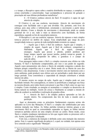 e o tempo, o Receptivo opera sobre a matéria distribuída no espaço, e completa as
coisas concluídas e concretizadas. Aqui acompanha-se o processo de geração e
procriação até suas últimas profundezas metafísicas3.
            6 - O Criativo conhece através do fácil. O receptivo é capaz de agir
            através do simples.
      O Criativo é, em sua essência, movimento. Através do movimento ele
consegue com facilidade unir o que está dividido. Ele, portanto, está livre do
esforço, pois atua sobre o infinitesimal, orientando o movimento a partir desse
estado mínimo. Como a direção do movimento é determinada ainda no estado
germinal do vir a ser, tudo o mais se desenvolve com facilidade, de forma
espontânea, segundo as leis de sua própria natureza.
      O Receptivo é, em sua essência, repouso. Através do repouso o mais simples
torna-se possível no âmbito do espaço. Essa simplicidade que surge da pura
receptividade torna-se o germe de toda multiplicidade existente no espaço.
            7 - Aquilo que é fácil, é fácil de conhecer. Aquilo que é simples, é
            simples de seguir. Aquele que é fácil de conhecer, conquistará a
            fidelidade.    Aquele    que    é     fácil    de    seguir,   conseguirá
            encargos. Aquele que possui a adesão, poderá perdurar por
            longo tempo; aquele que possui tarefas, poderá tornar-se grande. A
            duração é a propensão do sábio; a grandeza é o campo de
            ação do sábio.
      Essa passagem indica como o fácil e o simples exercem seus efeitos na vida
humana. O fácil é facilmente compreendido, por isso o seu poder de sugestão.
Aquele cujos pensamentos são claros e fáceis de entender conquista a adesão dos
homens porque corporifica em si o amor. Deste modo ele se liberta do caos dos
conflitos e das desarmonias. Como o movimento interior está em harmonia com o
meio ambiente, pode produzir seus efeitos sem ser perturbado e pode durar por um
longo período. Essa consistência e capacidade de duração constituem a atitude
interior do sábio.
      O mesmo ocorre no campo da ação. Aquilo que é simples pode ser com
facilidade imitado. Por conseqüência, os outros se prontificam a empregar sua força
na mesma direção, pois todos fazem com prazer o que lhes é fácil, uma vez que isso
é simples. Como resultado, as energias se acumulam e o simples se desenvolve de
forma natural no múltiplo. Assim ele cresce e finalmente se cumpre a missão do
sábio de conduzir as multidões à realização de grandes obras.
            8 — Através do fácil e do simples pode-se apreender as leis do
            mundo inteiro. Na compreensão das leis de todo o mundo está a
            perfeição.
       Aqui se demonstra como os princípios fundamentais expostos acima são
aplicados no Livro das Mutações. O fácil e o simples são simbolizados por uma
mínima mutação nas linhas. As linhas partidas tornam-se inteiras graças a um
movimento fácil no qual as extremidades separadas se ligam; as linhas inteiras
tornam-se partidas através de uma simples divisão ao centro. Deste modo, essas
fáceis e simples mudanças reproduzem as leis que regem todos os processos sob o
céu. Assim, a perfeição é alcançada.
       Com isso, a natureza da mutação é definida como uma mutação das menores
partes. Este é o quarto significado da palavra I, a qual, na verdade, tem apenas uma
leve conexão com o significado "Mutação".

3
  Aqui os princípios do Criativo e do Receptivo estão muito próximos aos conceitos gregos do
Logos e Eros, respectivamente.

                                                                                        221
 