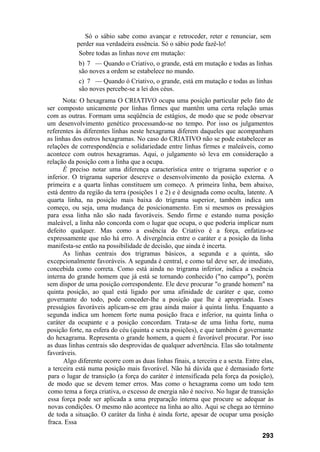 Só o sábio sabe como avançar e retroceder, reter e renunciar, sem
           perder sua verdadeira essência. Só o sábio pode fazê-lo!
            Sobre todas as linhas nove em mutação:
            b) 7 — Quando o Criativo, o grande, está em mutação e todas as linhas
            são noves a ordem se estabelece no mundo.
            c) 7 — Quando ó Criativo, o grande, está em mutação e todas as linhas
            são noves percebe-se a lei dos céus.
      Nota: O hexagrama O CRIATIVO ocupa uma posição particular pelo fato de
ser composto unicamente por linhas firmes que mantêm uma certa relação umas
com as outras. Formam uma seqüência de estágios, de modo que se pode observar
um desenvolvimento genético processando-se no tempo. Por isso os julgamentos
referentes às diferentes linhas neste hexagrama diferem daqueles que acompanham
as linhas dos outros hexagramas. No caso do CRIATIVO não se pode estabelecer as
relações de correspondência e solidariedade entre linhas firmes e maleáveis, como
acontece com outros hexagramas. Aqui, o julgamento só leva em consideração a
relação da posição com a linha que a ocupa.
      É preciso notar uma diferença característica entre o trigrama superior e o
inferior. O trigrama superior descreve o desenvolvimento da posição externa. A
primeira e a quarta linhas constituem um começo. A primeira linha, bem abaixo,
está dentro da região da terra (posições 1 e 2) e é designada como oculta, latente. A
quarta linha, na posição mais baixa do trigrama superior, também indica um
começo, ou seja, uma mudança de posicionamento. Em si mesmos os presságios
para essa linha não são nada favoráveis. Sendo firme e estando numa posição
maleável, a linha não concorda com o lugar que ocupa, o que poderia implicar num
defeito qualquer. Mas como a essência do Criativo é a força, enfatiza-se
expressamente que não há erro. A divergência entre o caráter e a posição da linha
manifesta-se então na possibilidade de decisão, que ainda é incerta.
      As linhas centrais dos trigramas básicos, a segunda e a quinta, são
excepcionalmente favoráveis. A segunda é central, e como tal deve ser, de imediato,
concebida como correta. Como está ainda no trigrama inferior, indica a essência
interna do grande homem que já está se tornando conhecido ("no campo"), porém
sem dispor de uma posição correspondente. Ele deve procurar "o grande homem" na
quinta posição, ao qual está ligado por uma afinidade de caráter e que, como
governante do todo, pode conceder-lhe a posição que lhe é apropriada. Esses
presságios favoráveis aplicam-se em grau ainda maior à quinta linha. Enquanto a
segunda indica um homem forte numa posição fraca e inferior, na quinta linha o
caráter da ocupante e a posição concordam. Trata-se de uma linha forte, numa
posição forte, na esfera do céu (quinta e sexta posições), e que também é governante
do hexagrama. Representa o grande homem, a quem é favorável procurar. Por isso
as duas linhas centrais são desprovidas de qualquer advertência. Elas são totalmente
favoráveis.
      Algo diferente ocorre com as duas linhas finais, a terceira e a sexta. Entre elas,
a terceira está numa posição mais favorável. Não há dúvida que é demasiado forte
para o lugar de transição (a força do caráter é intensificada pela força da posição),
de modo que se devem temer erros. Mas como o hexagrama como um todo tem
como tema a força criativa, o excesso de energia não é nocivo. No lugar de transição
essa força pode ser aplicada a uma preparação interna que procure se adequar às
novas condições. O mesmo não acontece na linha ao alto. Aqui se chega ao término
de toda a situação. O caráter da linha é ainda forte, apesar de ocupar uma posição
fraca. Essa

                                                                                   293
 