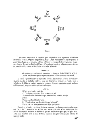 Fig. 6
Uma outra explicação é sugerida pela disposição dos trigramas na Ordem
Interna do Mundo. O ponto de partida (Chia) é Chên. Retrocedendo três trigramas a
partir daí, chega-se ao trigrama Ch'ien, o Criativo; avançando três trigramas, chega-
se a Kun, o Receptivo. Porém, Ch'ien e K'un são pai e mãe, e o hexagrama refere-se
ao trabalho sobre o que se deteriorou pelo pai e pela mãe.
IMAGEM
O vento sopra na base da montanha: a imagem da DETERIORAÇÃO.
Assim o homem superior agita os homens e lhes fortalece o espírito.
O vento soprando sobre a montanha causa a deterioração. Mas o movimento
inverso mostra o trabalho sobre o que se deteriorou; primeiro o vento, sob a
influência de Chên, o Incitar, sacode as coisas, e depois a montanha unida ao lago
cultiva e nutre alegremente o espírito dos homens.
LINHA
S Seis na primeira posição:
a) Corrigindo o que foi deteriorado pelo pai.
Se há um filho, nenhuma culpa permanecerá sobre o pai que
partiu.
Perigo. Ao final boa fortuna.
b) "Corrigindo o que foi deteriorado pelo pai."
Ele recebe em seus pensamentos o pai que partiu.
Quando a primeira e a última linhas se movem, este hexagrama transforma-se
em T'ai, a PAZ, no qual o pai, Ch'ien, está abaixo e a mãe, K'un, está acima. Por
isso a recorrência da idéia de reparar o que foi deteriorado pelo pai, ou pela mãe.
Esta linha mantém com a linha forte na segunda posição uma relação interna de
receptividade.
357
 