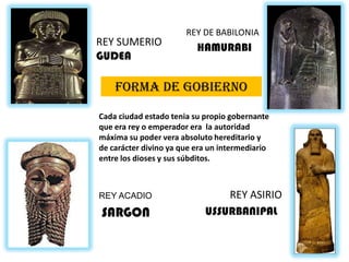 REY DE BABILONIAREY SUMERIO GUDEAHAMURABIFORMA DE GOBIERNOCada ciudad estado tenia su propio gobernante que era rey o emperador era  la autoridad máxima su poder vera absoluto hereditario y de carácter divino ya que era un intermediario entre los dioses y sus súbditos.REY ASIRIOREY ACADIOSARGONUSSURBANIPAL