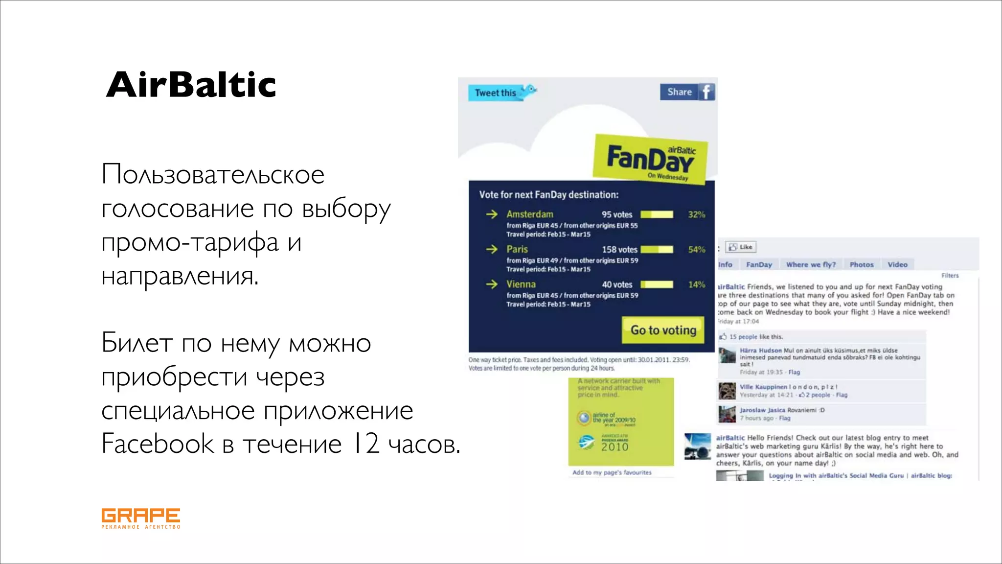 AirBaltic

Пользовательское
голосование по выбору
промо-тарифа и
направления.

Билет по нему можно
приобрести через
специальное приложение
Facebook в течение 12 часов.
 