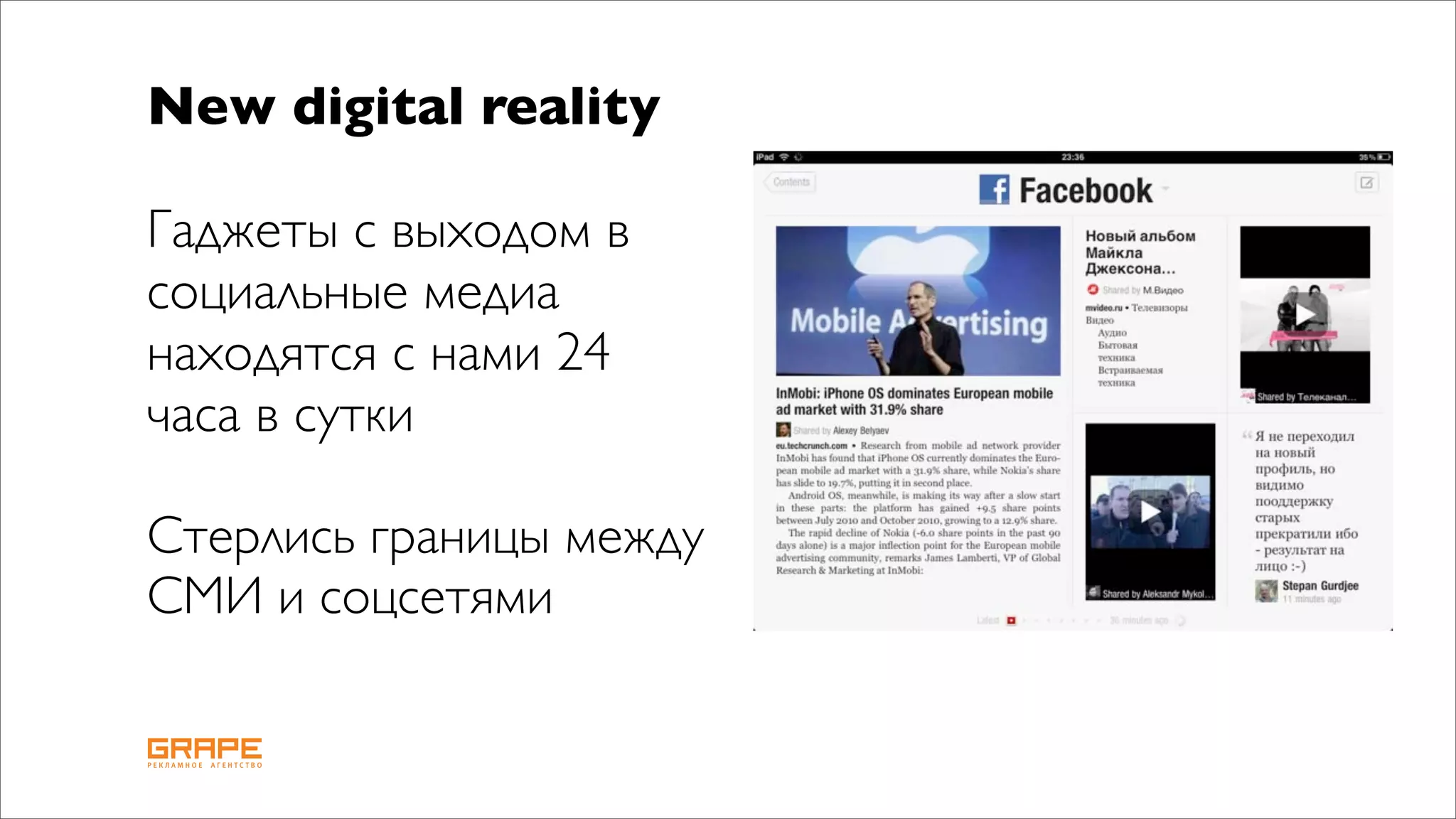 New digital reality

Гаджеты с выходом в
социальные медиа
находятся с нами 24
часа в сутки

Стерлись границы между
СМИ и соцсетями
 