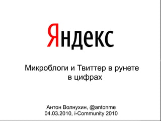 Микроблоги и Твиттер в рунете
          в цифрах


      Антон Волнухин, @antonme
     04.03.2010, i-Community 2010   11
 