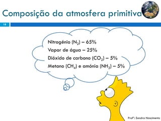 Composição da atmosfera primitiva 
18 
Nitrogénio (N2) –65% 
Vapor de água –25% 
Dióxido de carbono (CO2) –5% 
Metano (CH4) e amónia (NH3) –5% 
Profª: Sandra Nascimento  