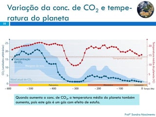 Variação da conc. de CO2e tempe- raturado planeta 
22 
Profª Sandra Nascimento 
Quando aumenta a conc. de CO2, a temperatura média do planeta também aumenta, pois este gás é um gás com efeito de estufa.  