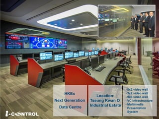HKEx
Next Generation
Data Centre
- 5x2 video wall
- 3x2 video wall
- 9x3 video wall
- VC Infrastructure
- Multimedia
Presentation
System
Location:
Tseung Kwan O
Industrial Estate
 