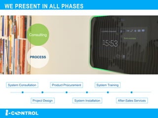 WE PRESENT IN ALL PHASES
Consulting
PROCESS
System Consultation
Project Design
Product Procurement
System Installation
System Training
After-Sales Services
 