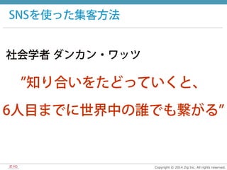 Copyright  ©  2014  Zig  Inc.  All  rights  reserved.
知り合いをたどっていくと、
6人目までに世界中の誰でも繋がる
SNSを使った集客方法
社会学者 ダンカン・ワッツ
 