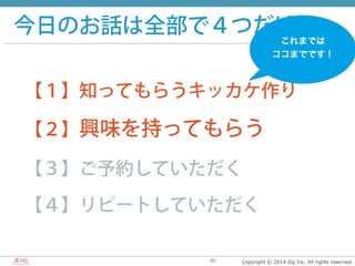 Copyright  ©  2014  Zig  Inc.  All  rights  reserved.80
今日のお話は全部で４つだけ
【１】知ってもらうキッカケ作り
【２】興味を持ってもらう
【３】ご予約していただく
【４】リピートしていただく
これまでは	
  
ココまでです！
 
