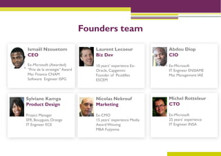 Founders team

Ismaël Nzouetom                   Laurent Lecoeur              Abdou Diop
CEO                               Biz Dev                      CIO

Ex-Microsoft (Awarded)            10 years’ experience Ex-     Ex-Microsoft
“Prix de la strategie” Award      Oracle, Capgemini            IT Engineer ENSIAME
Msc Finance CNAM                  Founder of Picadilles        Msc Management IAE
Software Engineer ISPG            ESCEM



Sylviane Kamga                    Nicolas Nekrouf              Michel Rotteleur
Product Design                    Marketing                    CTO

Project Manager                   Ex-CMO                       Ex-Microsoft
SFR, Bouygues, Orange             15 years’ experience Media   25 years’ experience
IT Engineer ECE                   Award Winning                IT Engineer INSA
                                  MBA Fujiyoma
 