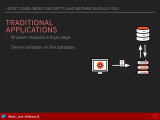 @joel__lord #OdessaJS
I DON’T CARE ABOUT SECURITY (AND NEITHER SHOULD YOU)
TRADITIONAL
APPLICATIONS
▸ Browser requests a l...