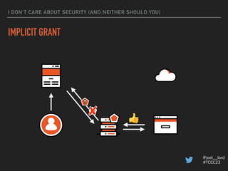 I DON’T CARE ABOUT SECURITY (AND NEITHER SHOULD YOU)
TOKENS
▸ WS Federated
▸ SAML
▸ Custom stuff
▸ JWT
 